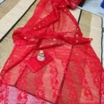 Red Soft Buti Karat Jamdani Sari With Blouse Piece