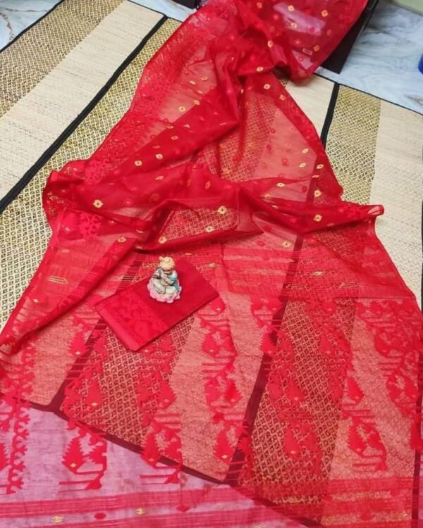 Red Soft Buti Karat Jamdani Sari With Blouse Piece