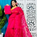 Red Soft Lota Jamdani Sare With Blouse Piece