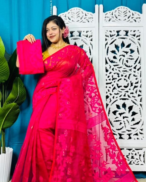 Red Soft Lota Jamdani Sare With Blouse Piece