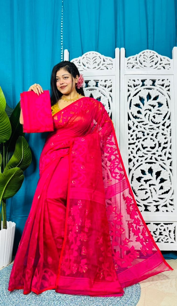 Red Soft Lota Jamdani Sare With Blouse Piece