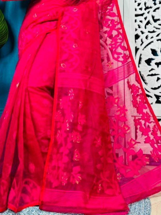 Red Soft Lota Jamdani Sare With Blouse Piece