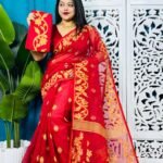 Red Soft Lota Jamdani Sari With Blouse Piece