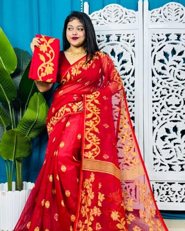 Red Soft Lota Jamdani Sari With Blouse Piece