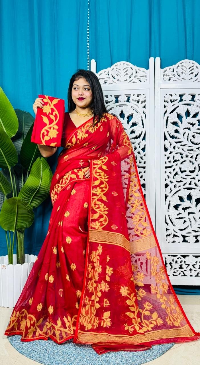 Red Soft Lota Jamdani Sari With Blouse Piece