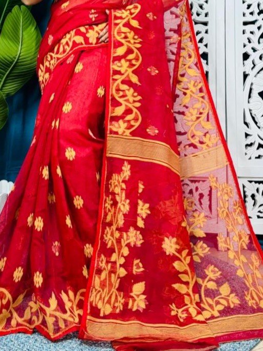 Red Soft Lota Jamdani Sari With Blouse Piece