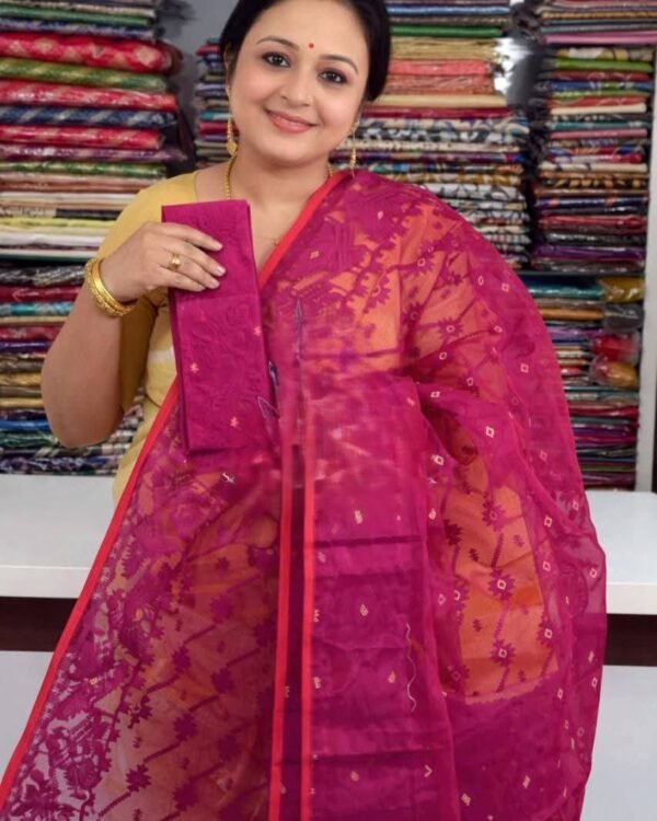 Rich Maroon Soft Buti Jamdani Sari With Blouse Piece