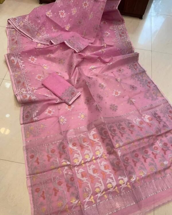 Rose Pink Soft Joriwork Jamdani Sari With Blouse Piece