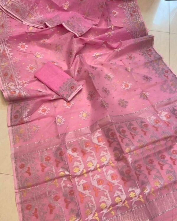 Rose Pink Soft Joriwork Jamdani Sari With Blouse Piece