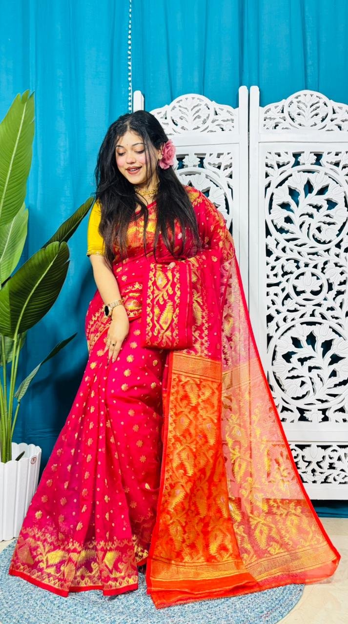 Rose Red And Red Soft Golden Buti Jamdani Sari With Blouse Piece