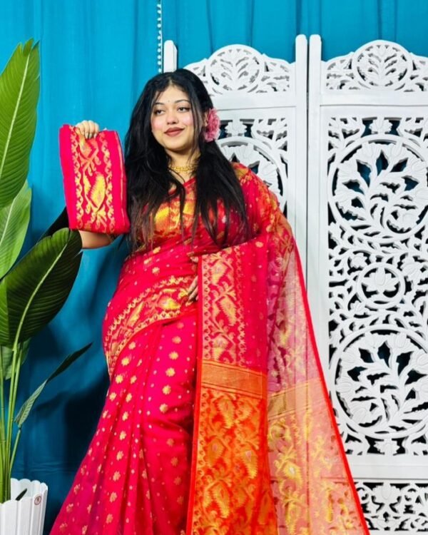 Rose Red And Red Soft Golden Buti Jamdani Sari With Blouse Piece