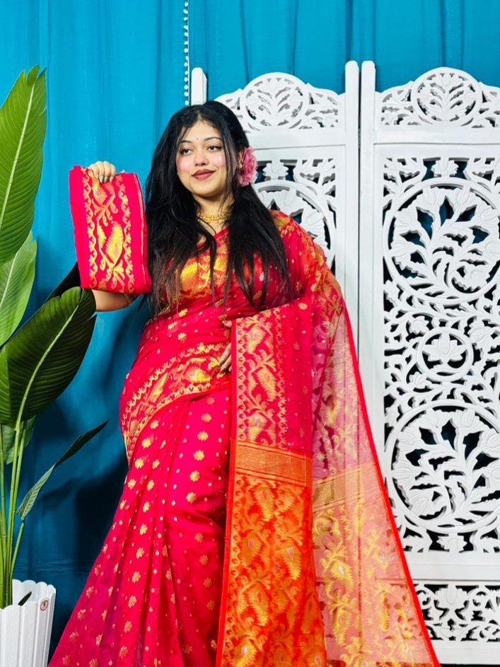 Rose Red And Red Soft Golden Buti Jamdani Sari With Blouse Piece