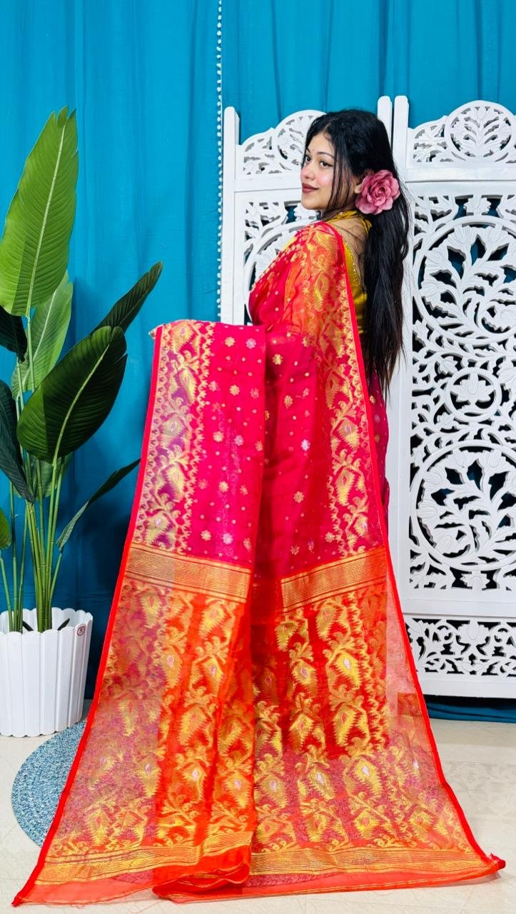 Rose Red And Red Soft Golden Buti Jamdani Sari With Blouse Piece