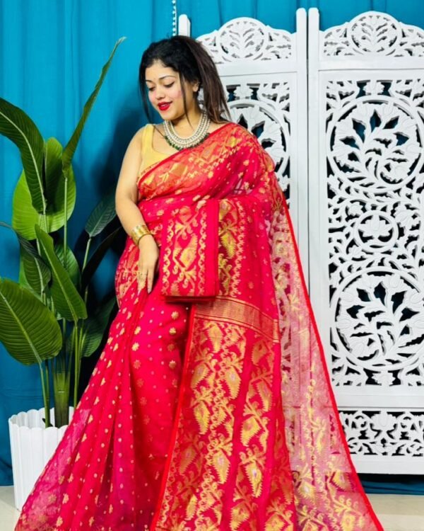 Rose Red Soft Golden Buti Jamdani Sari With Blouse Piece