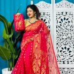 Rose Red Soft Golden Buti Jamdani Sari With Blouse Piece