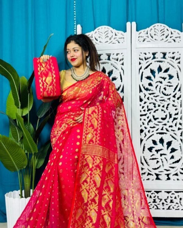 Rose Red Soft Golden Buti Jamdani Sari With Blouse Piece
