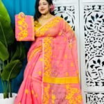 Salmon Pink Soft Lota Jamdani Sari With Blouse Piece