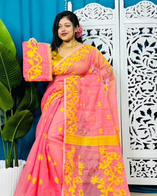 Salmon Pink Soft Lota Jamdani Sari With Blouse Piece