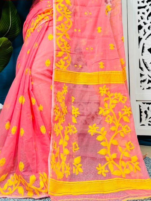 Salmon Pink Soft Lota Jamdani Sari With Blouse Piece