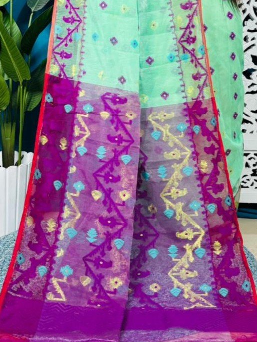 Silver Tree Korat Buti Soft Jamdani Sari With Blouse Piece