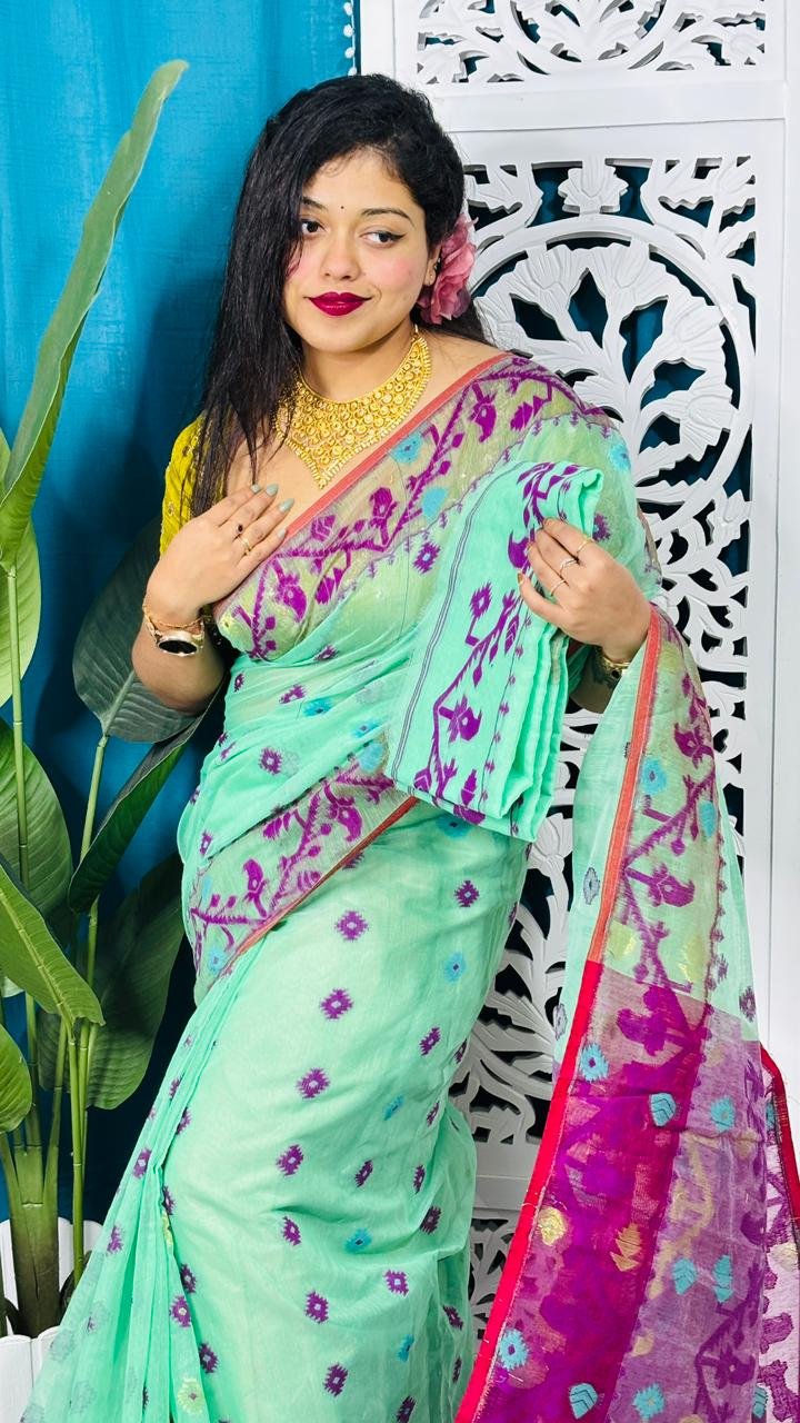 Silver Tree Korat Buti Soft Jamdani Sari With Blouse Piece