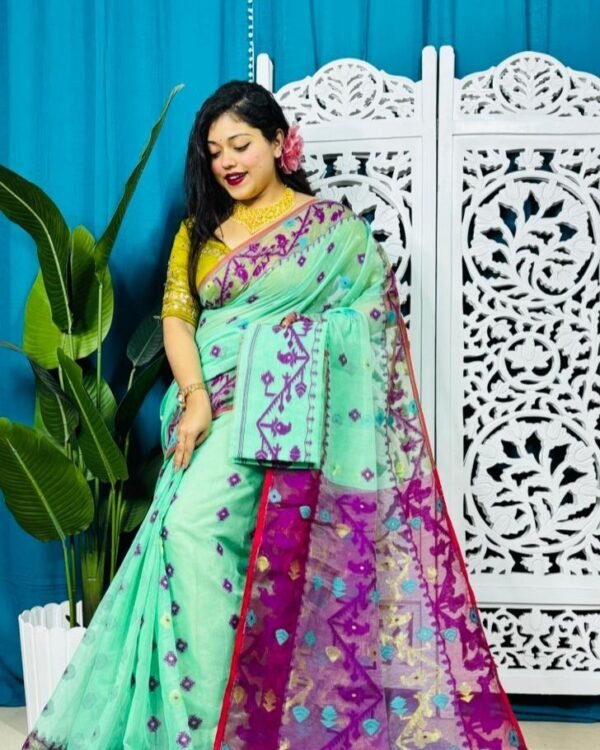 Silver Tree Korat Buti Soft Jamdani Sari With Blouse Piece