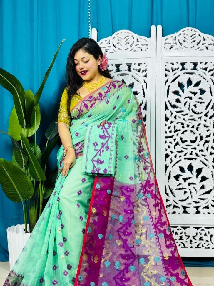 Silver Tree Korat Buti Soft Jamdani Sari With Blouse Piece