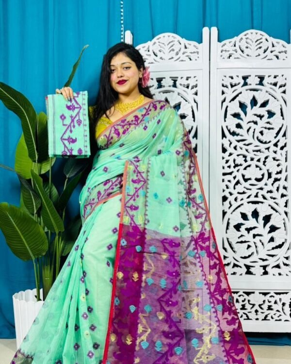 Silver Tree Korat Buti Soft Jamdani Sari With Blouse Piece