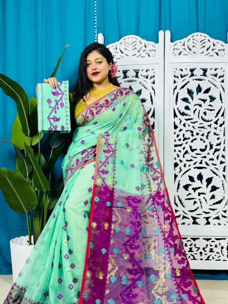 Silver Tree Korat Buti Soft Jamdani Sari With Blouse Piece