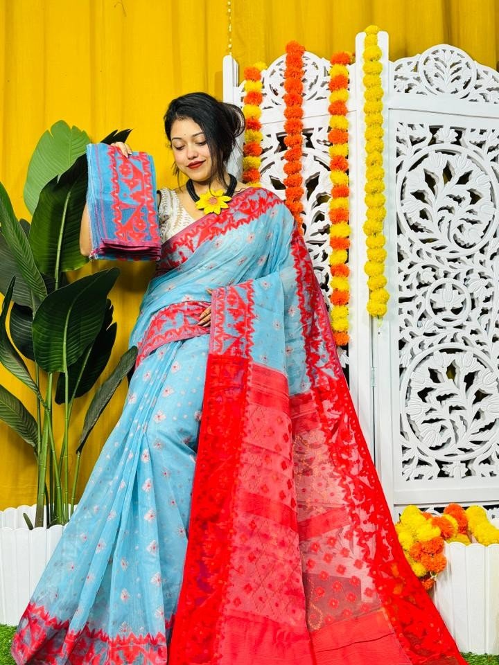 Sky Blue Soft Dhakai Jamdani Saree