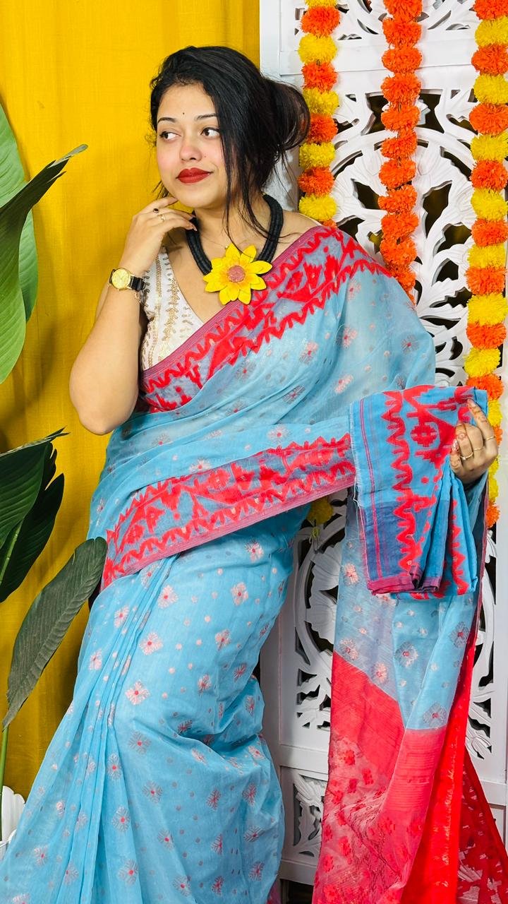 Sky Blue Soft Dhakai Jamdani Saree