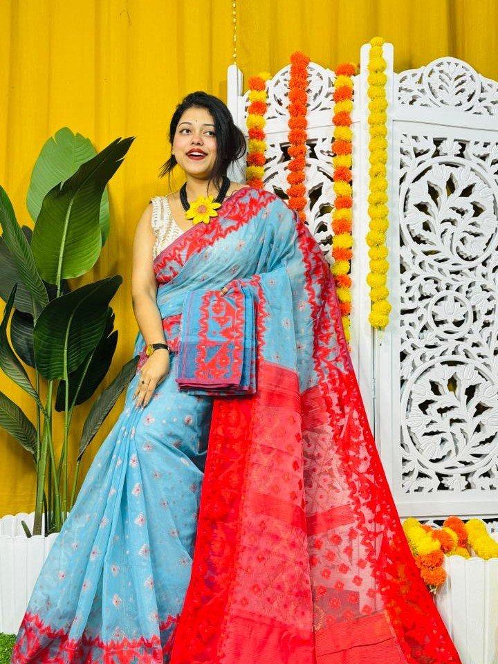 Sky Blue Soft Dhakai Jamdani Saree