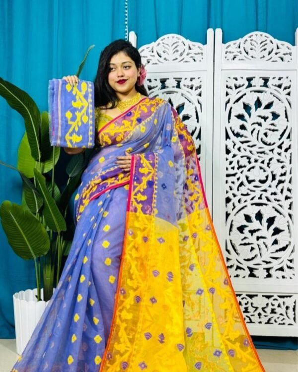 Tufts Blue Korat Buti Soft Jamdani Sari With Blouse Piece