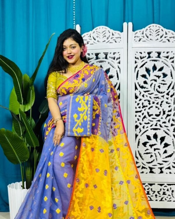 Tufts Blue Korat Buti Soft Jamdani Sari With Blouse Piece