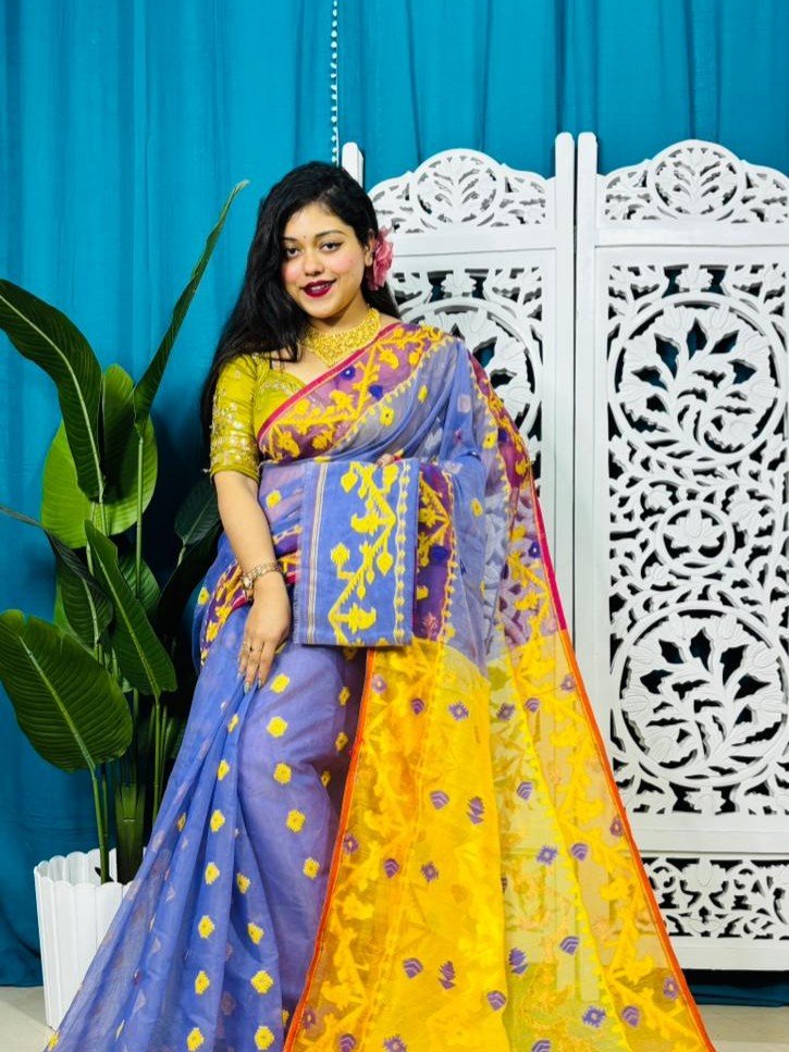 Tufts Blue Korat Buti Soft Jamdani Sari With Blouse Piece