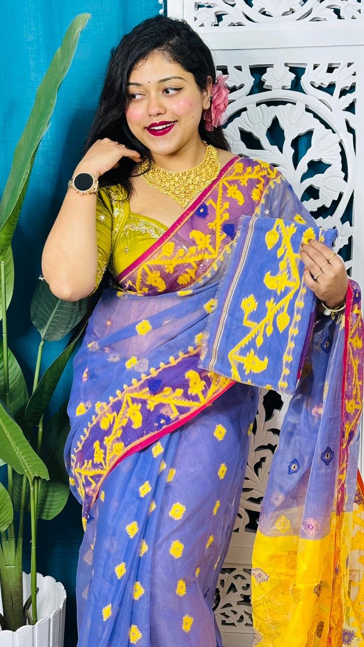 Tufts Blue Korat Buti Soft Jamdani Sari With Blouse Piece