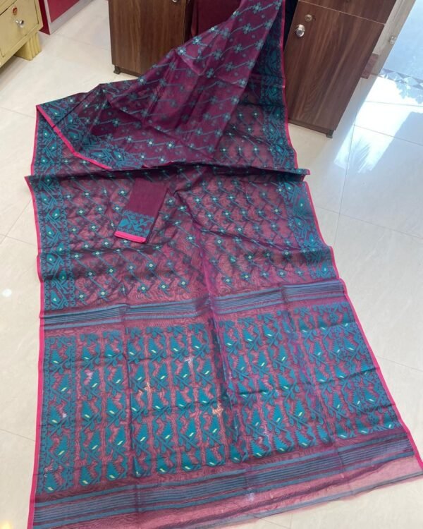 Velvet Maroon Soft Buti Karat Jamdani Sari With Blouse Piece