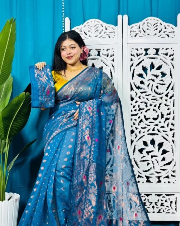 Venice Blue Soft Golden Buti Jamdani Sari With Blouse Piece