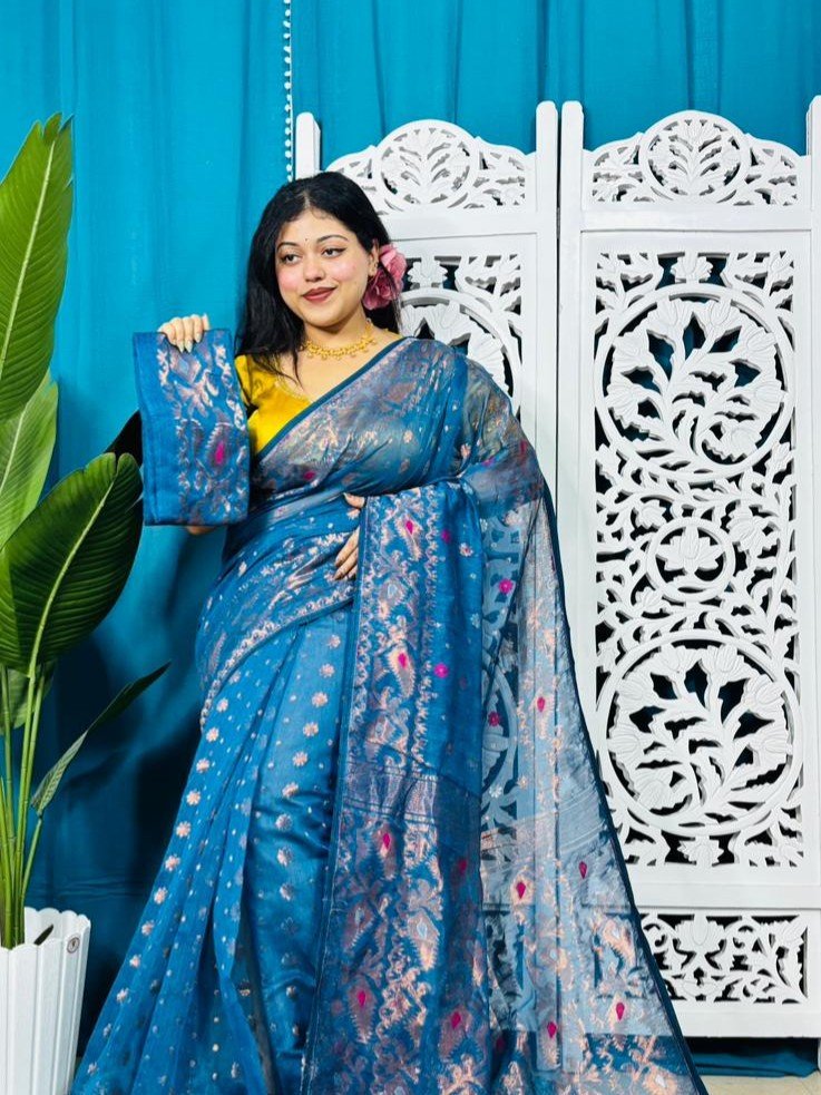 Venice Blue Soft Golden Buti Jamdani Sari With Blouse Piece