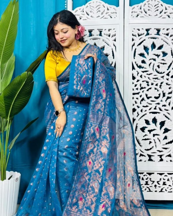 Venice Blue Soft Golden Buti Jamdani Sari With Blouse Piece