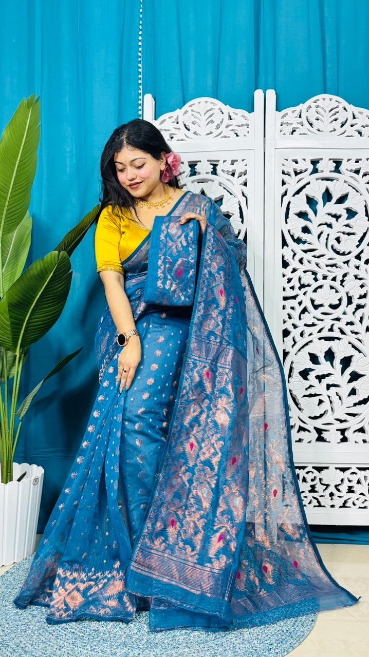 Venice Blue Soft Golden Buti Jamdani Sari With Blouse Piece