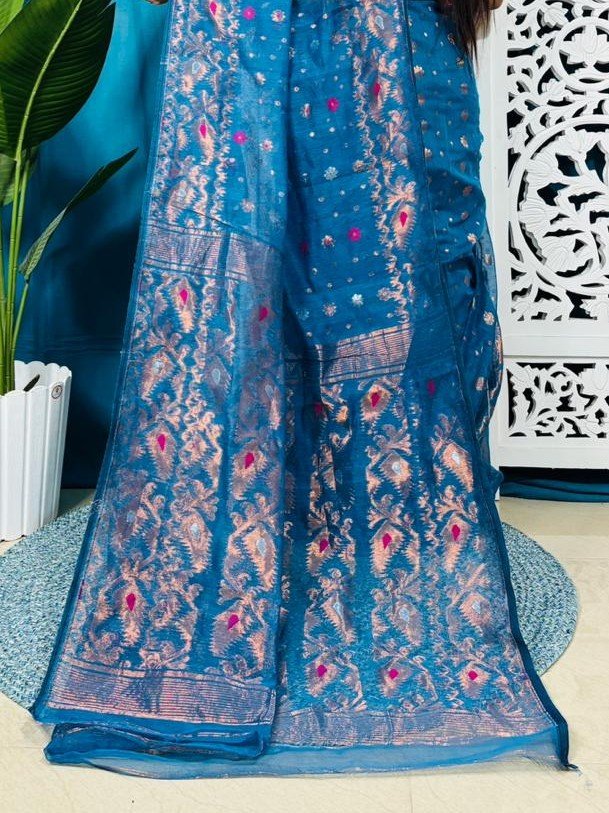 Venice Blue Soft Golden Buti Jamdani Sari With Blouse Piece