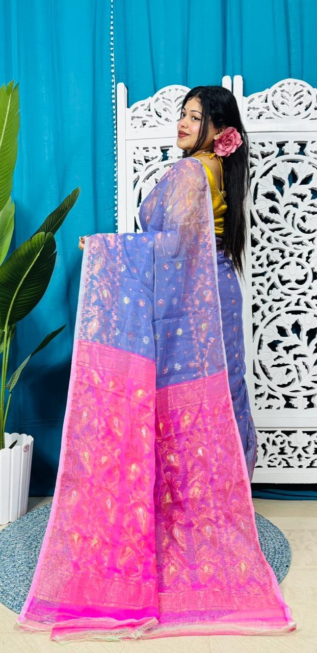 Warm Blue Soft Golden Buti Jamdani Sari With Blouse Piece