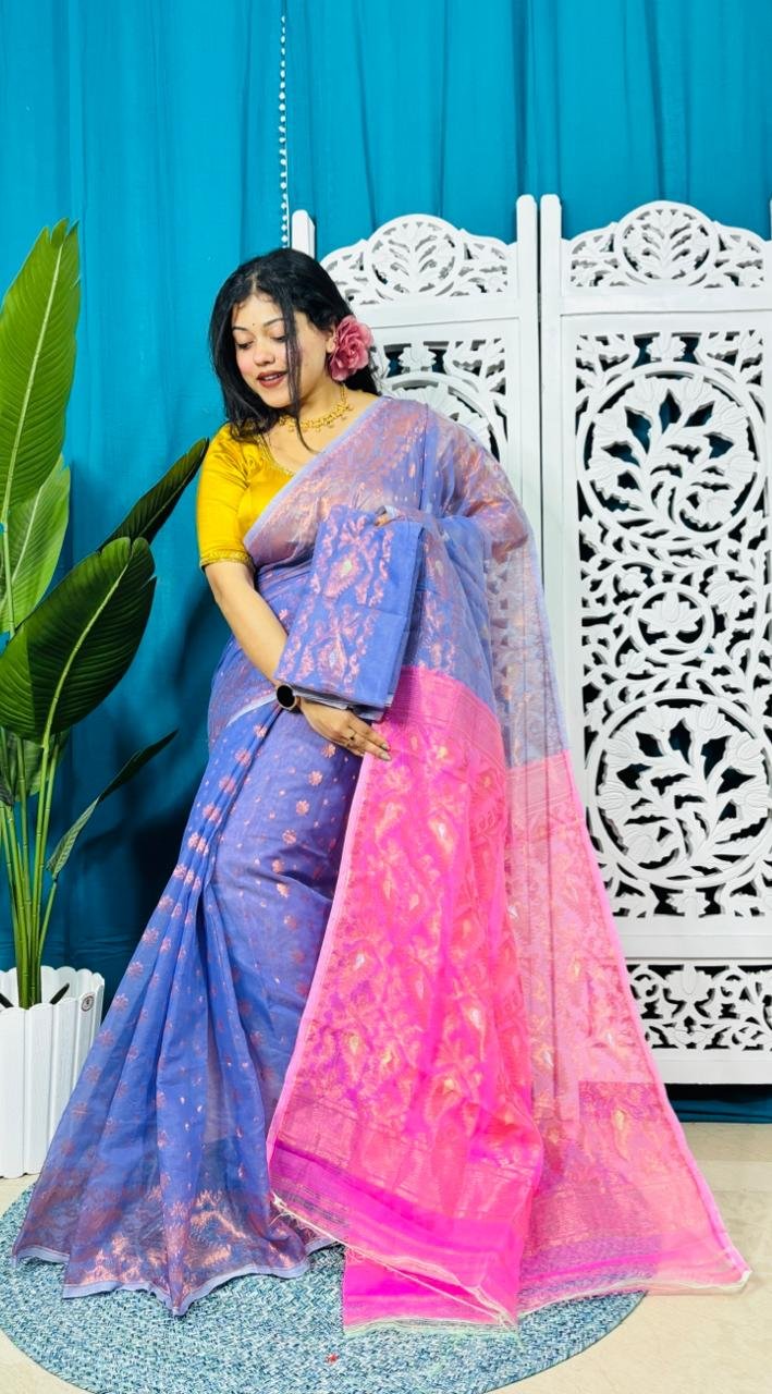 Warm Blue Soft Golden Buti Jamdani Sari With Blouse Piece