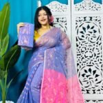 Warm Blue Soft Golden Buti Jamdani Sari With Blouse Piece