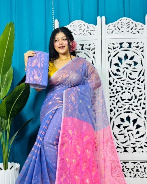 Warm Blue Soft Golden Buti Jamdani Sari With Blouse Piece