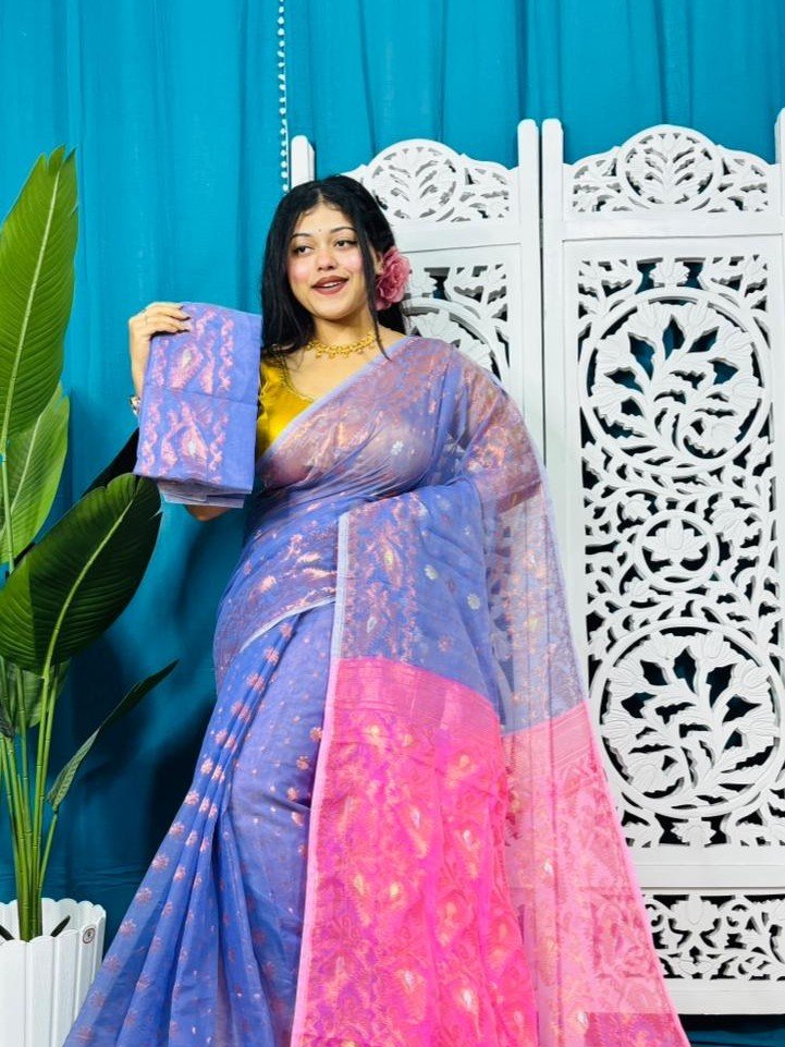 Warm Blue Soft Golden Buti Jamdani Sari With Blouse Piece