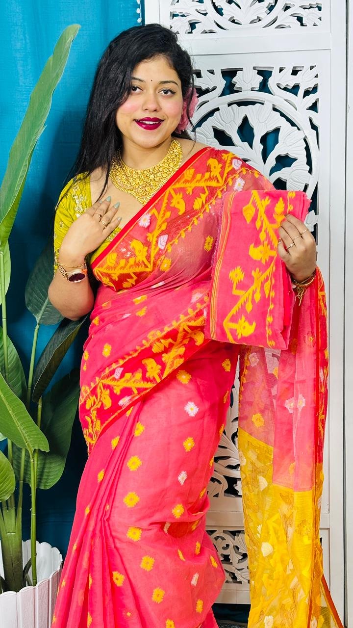 Watermelon Korat Buti Soft Jamdani Sari With Blouse Piece