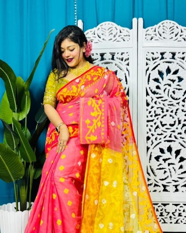 Watermelon Korat Buti Soft Jamdani Sari With Blouse Piece