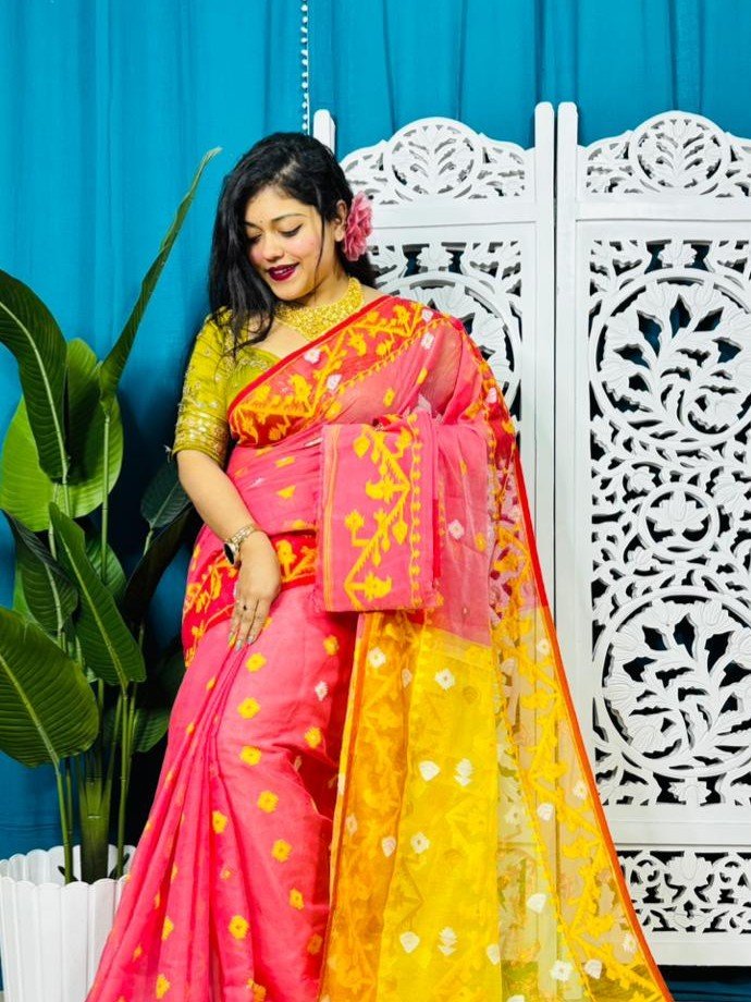 Watermelon Korat Buti Soft Jamdani Sari With Blouse Piece